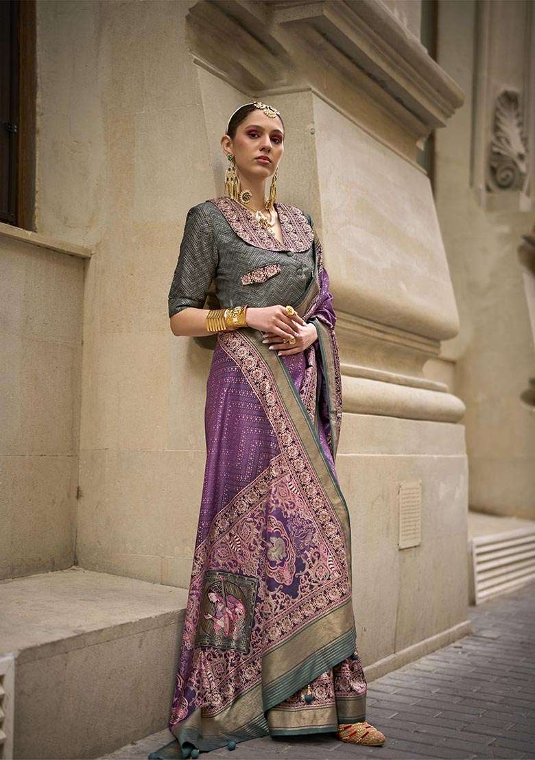 Purple Printed Zari Woven Silk Saree Set - Indya