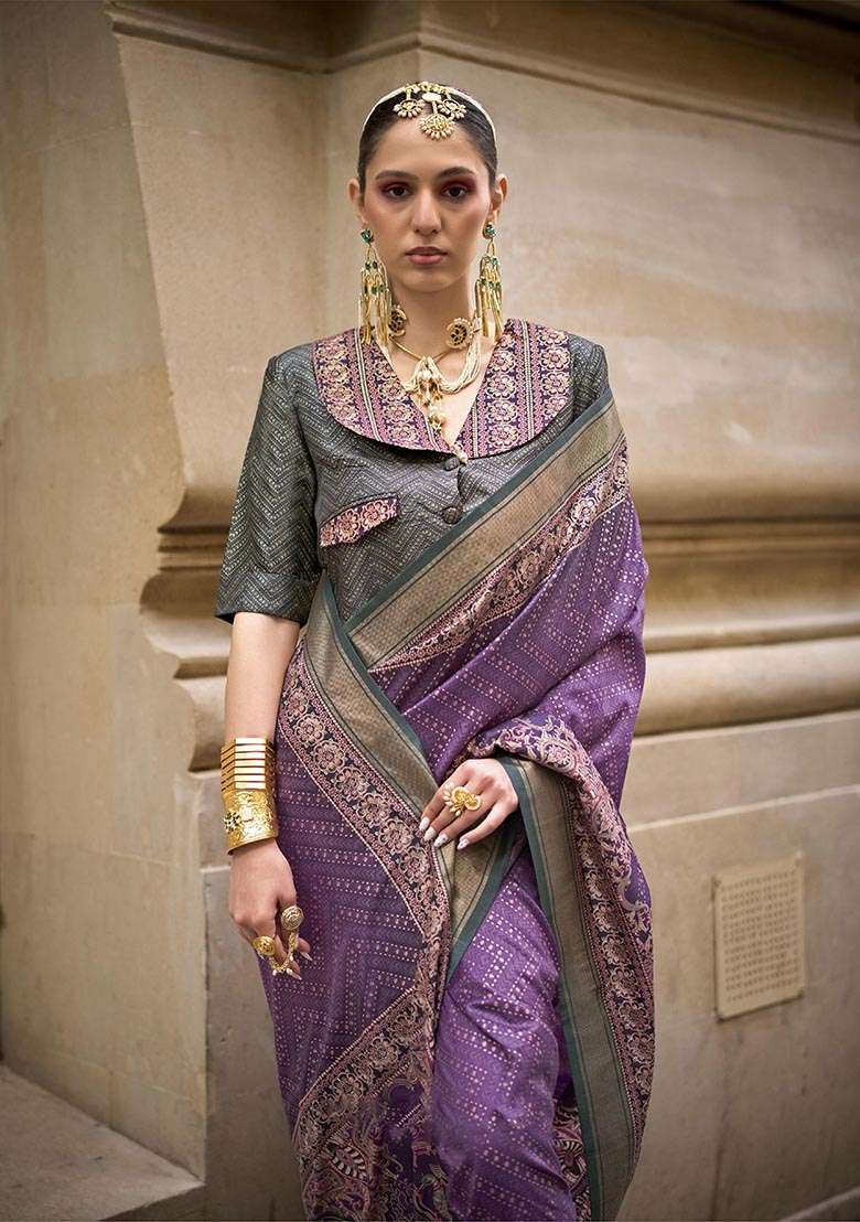 Purple Printed Zari Woven Silk Saree Set - Indya