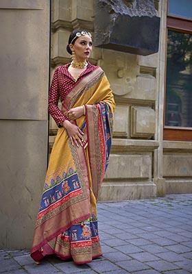 Mustard Printed Zari Woven Silk Saree Set