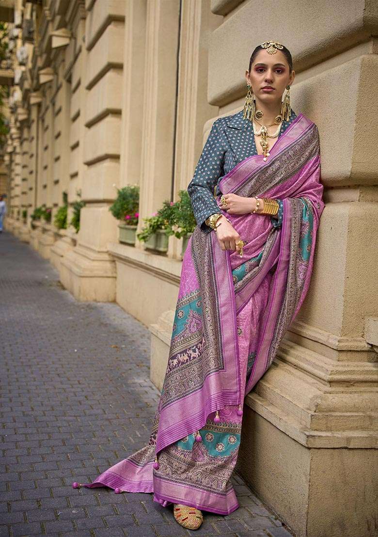 Pink Printed Zari Woven Silk Saree Set - Indya