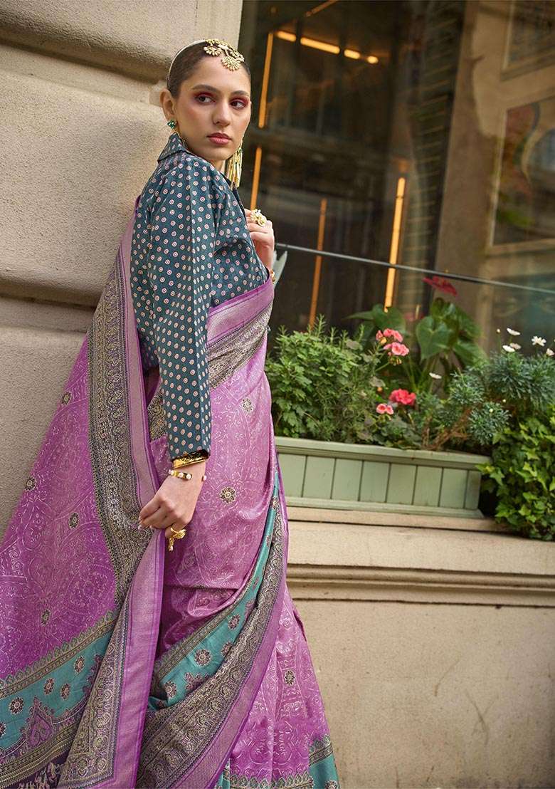Pink Printed Zari Woven Silk Saree Set - Indya