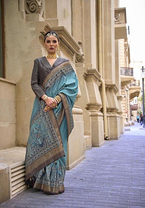 Rama Blue Printed Zari Woven Silk Saree Set