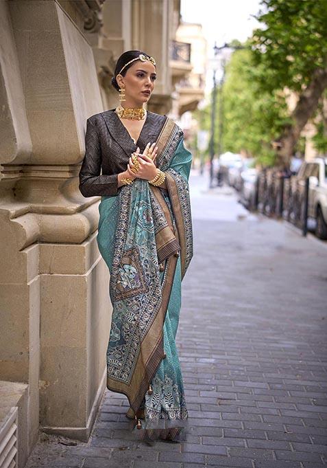 Rama Blue Printed Zari Woven Silk Saree Set