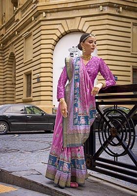 Purple Printed Zari Woven Silk Saree Set