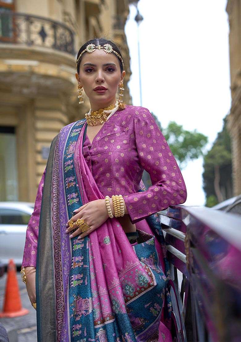 Purple Printed Zari Woven Silk Saree Set - Indya