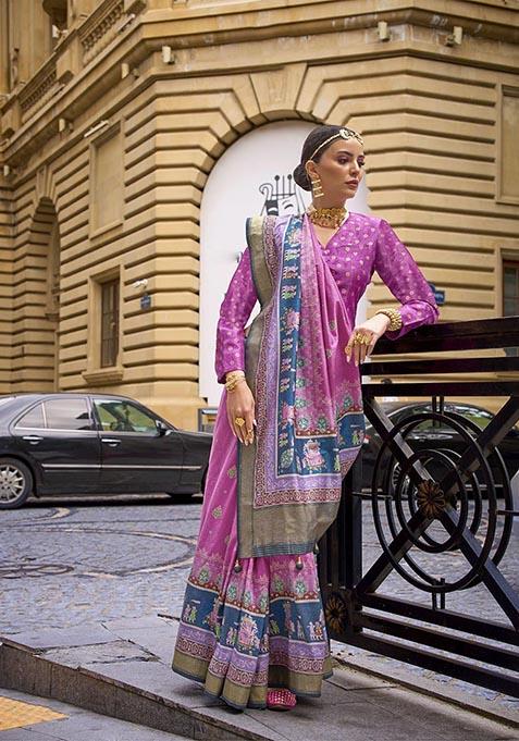 Purple Printed Zari Woven Silk Saree Set