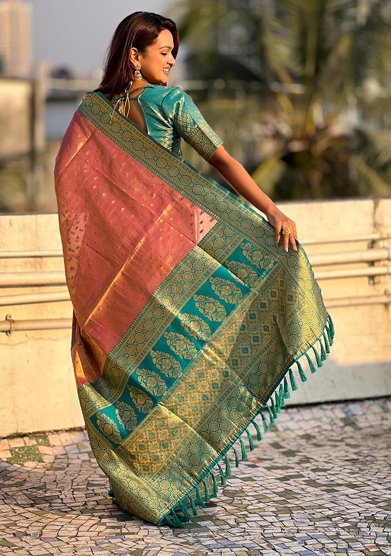 Pink Zari Woven Tissue Silk Saree Set