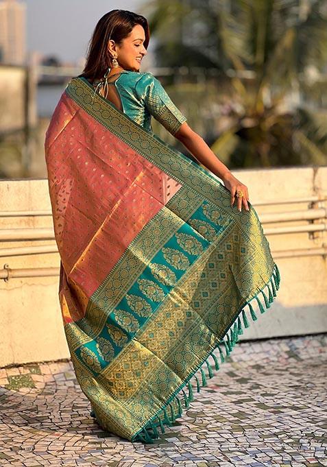 Pink Zari Woven Tissue Silk Saree Set