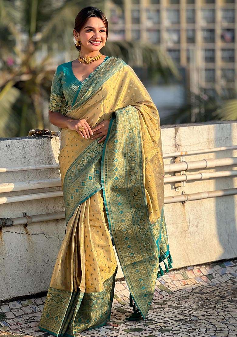 Pista Green Zari Woven Tissue Silk Saree Set - Indya