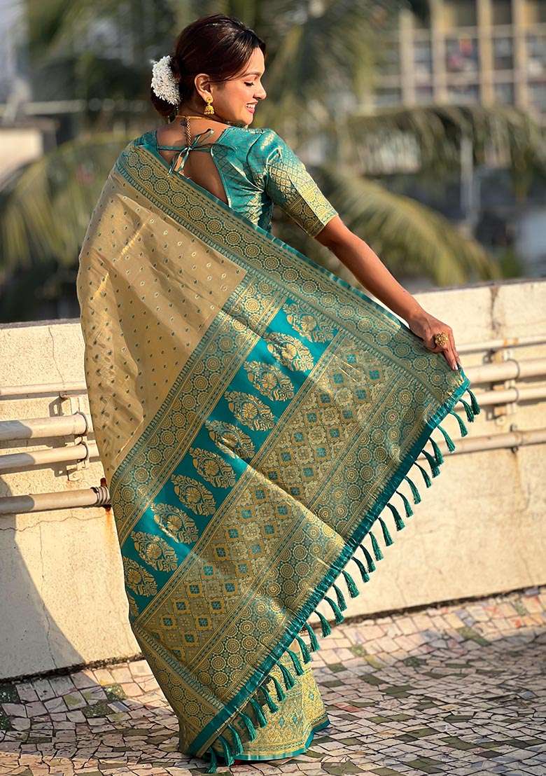 Pista Green Zari Woven Tissue Silk Saree Set - Indya