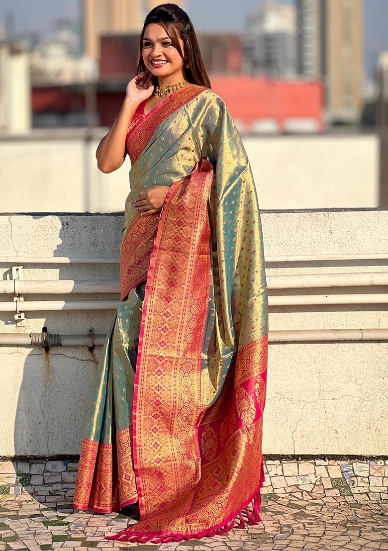 Blue Zari Woven Tissue Silk Saree Set