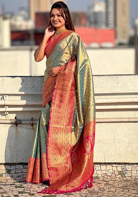 Blue Zari Woven Tissue Silk Saree Set