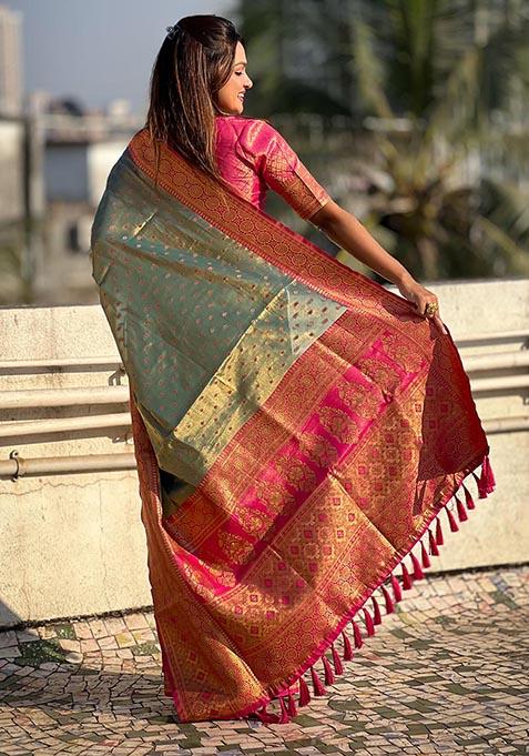 Blue Zari Woven Tissue Silk Saree Set