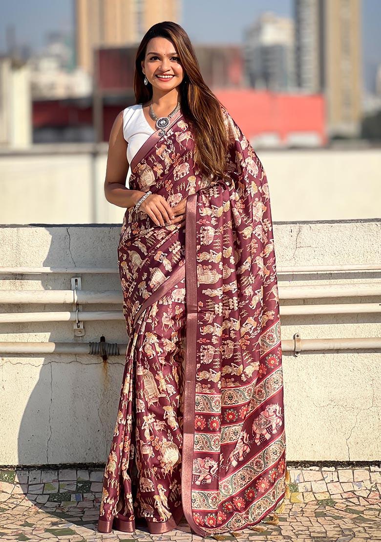 Wine Zari Woven Tussar Silk Saree Set