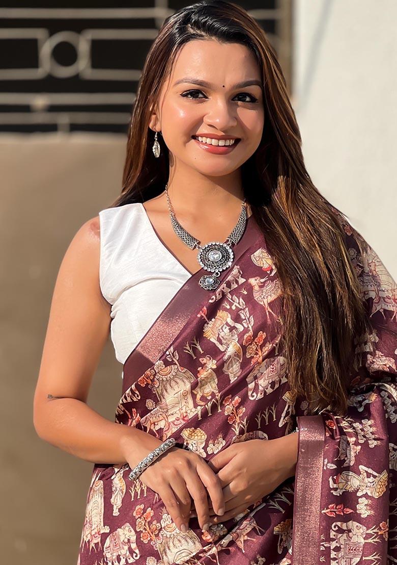 Wine Zari Woven Tussar Silk Saree Set