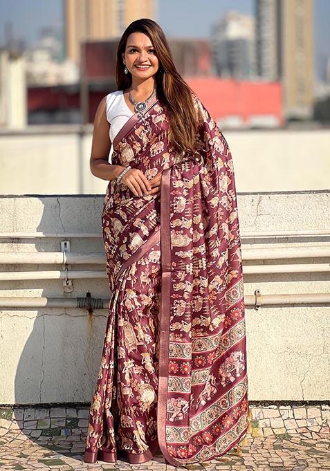 Wine Zari Woven Tussar Silk Saree Set
