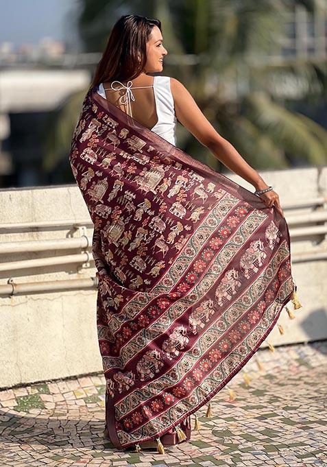 Wine Zari Woven Tussar Silk Saree Set