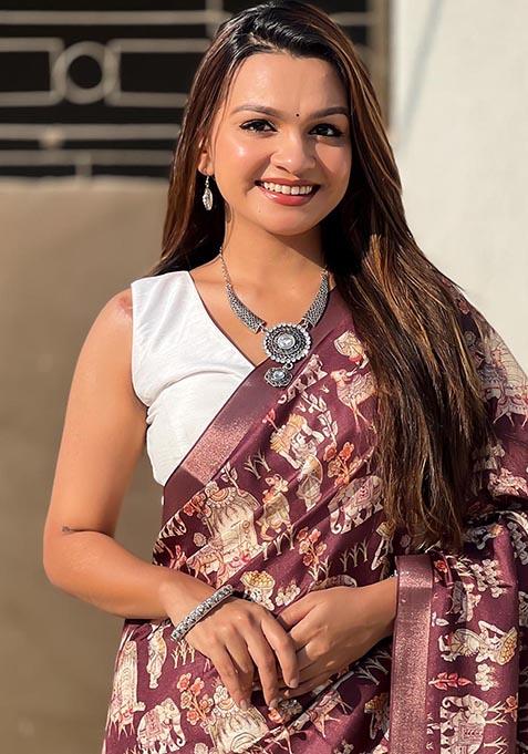 Wine Zari Woven Tussar Silk Saree Set