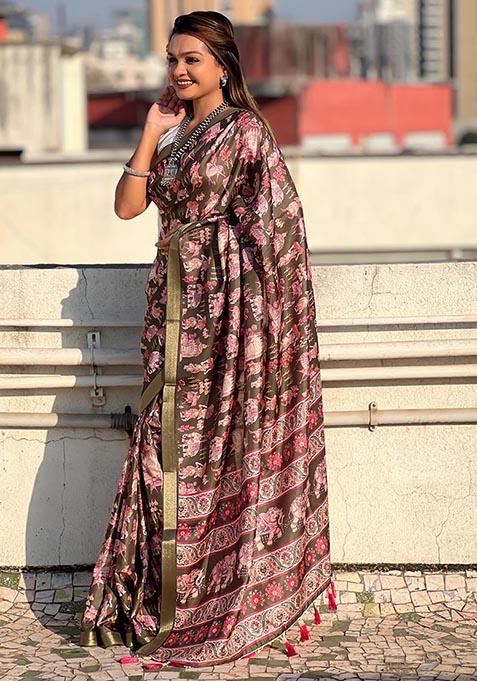 Green Zari Woven Tussar Silk Saree Set