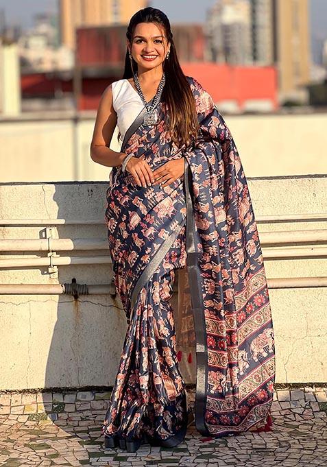 Blue Zari Woven Tussar Silk Saree Set