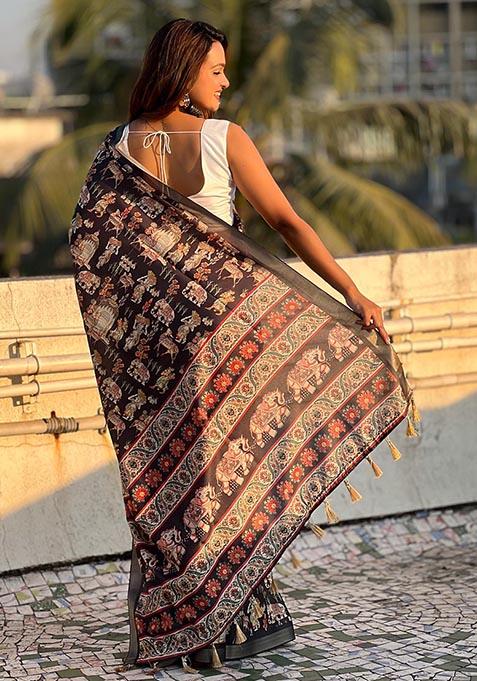 Brown Zari Woven Tussar Silk Saree Set