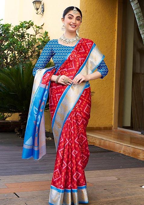 Red Zari Woven Crepe Saree Set
