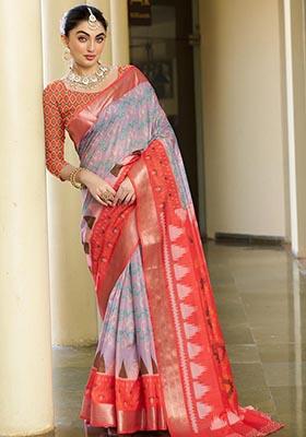 Purple Zari Woven Crepe Saree Set
