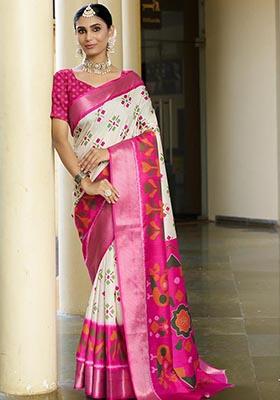 Cream Zari Woven Crepe Saree Set