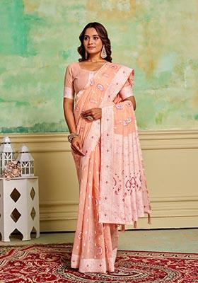Peach Zari Woven Cotton Saree Set