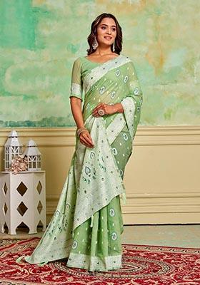 Pista Green Zari Woven Cotton Saree Set