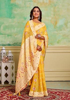 Yellow Zari Woven Cotton Saree Set
