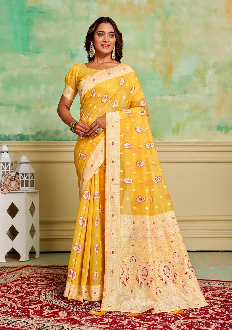 Yellow Zari Woven Cotton Saree Set