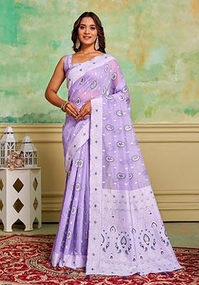Lavender Zari Woven Cotton Saree Set
