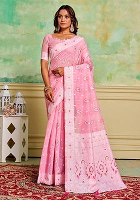 Pink Zari Woven Cotton Saree Set