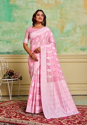 Pink Zari Woven Cotton Saree Set