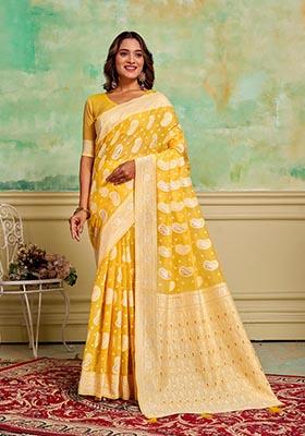 Yellow Zari Woven Cotton Saree Set