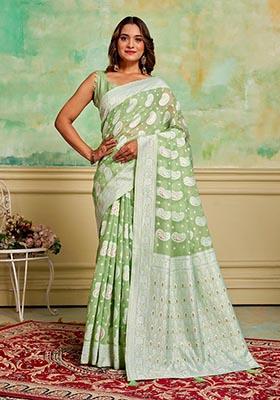 Pista Green Zari Woven Cotton Saree Set