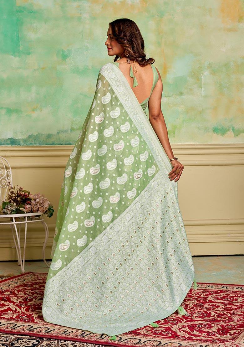 Pista Green Zari Woven Cotton Saree Set