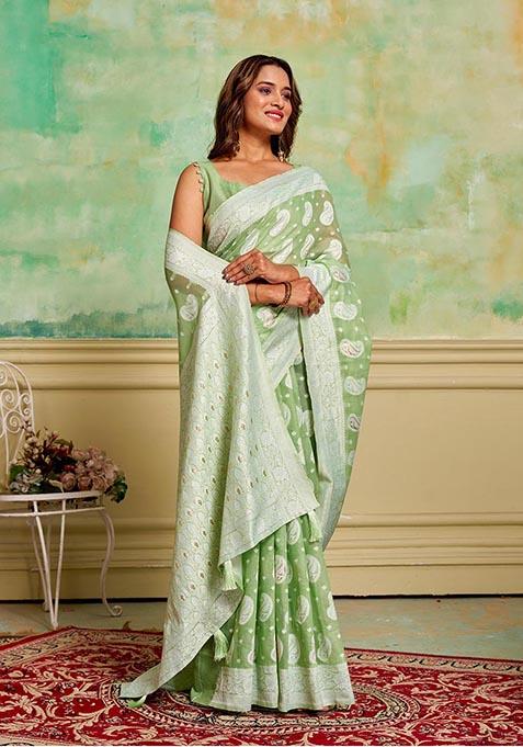 Pista Green Zari Woven Cotton Saree Set
