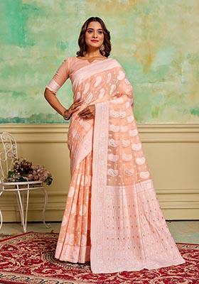 Peach Zari Woven Cotton Saree Set