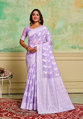 Lavender Zari Woven Cotton Saree Set