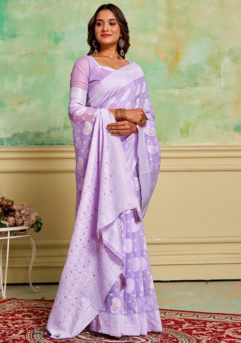 Lavender Zari Woven Cotton Saree Set