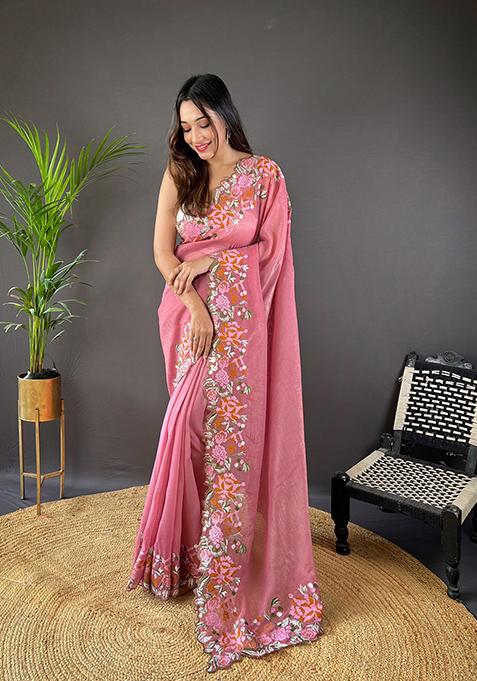 Pink Embroidered Silk Saree Set