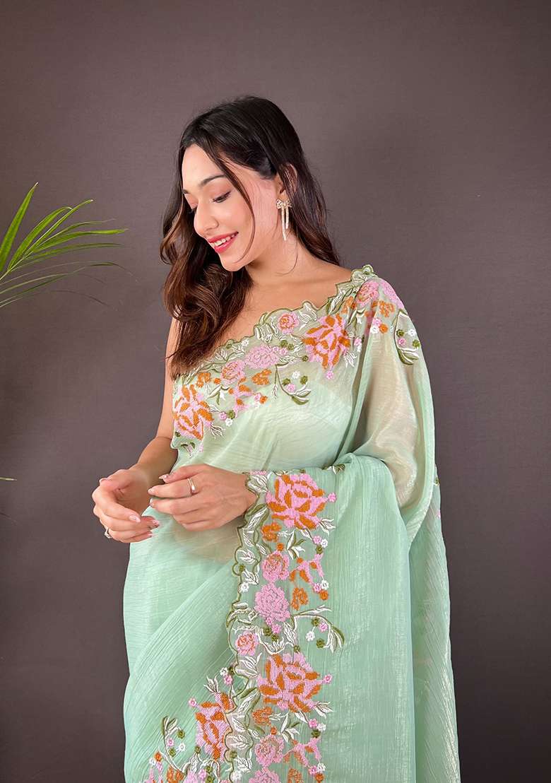 Pista Green Embroidered Silk Saree Set - Indya