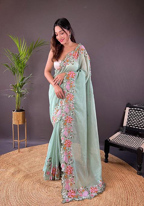 Pista Green Embroidered Silk Saree Set