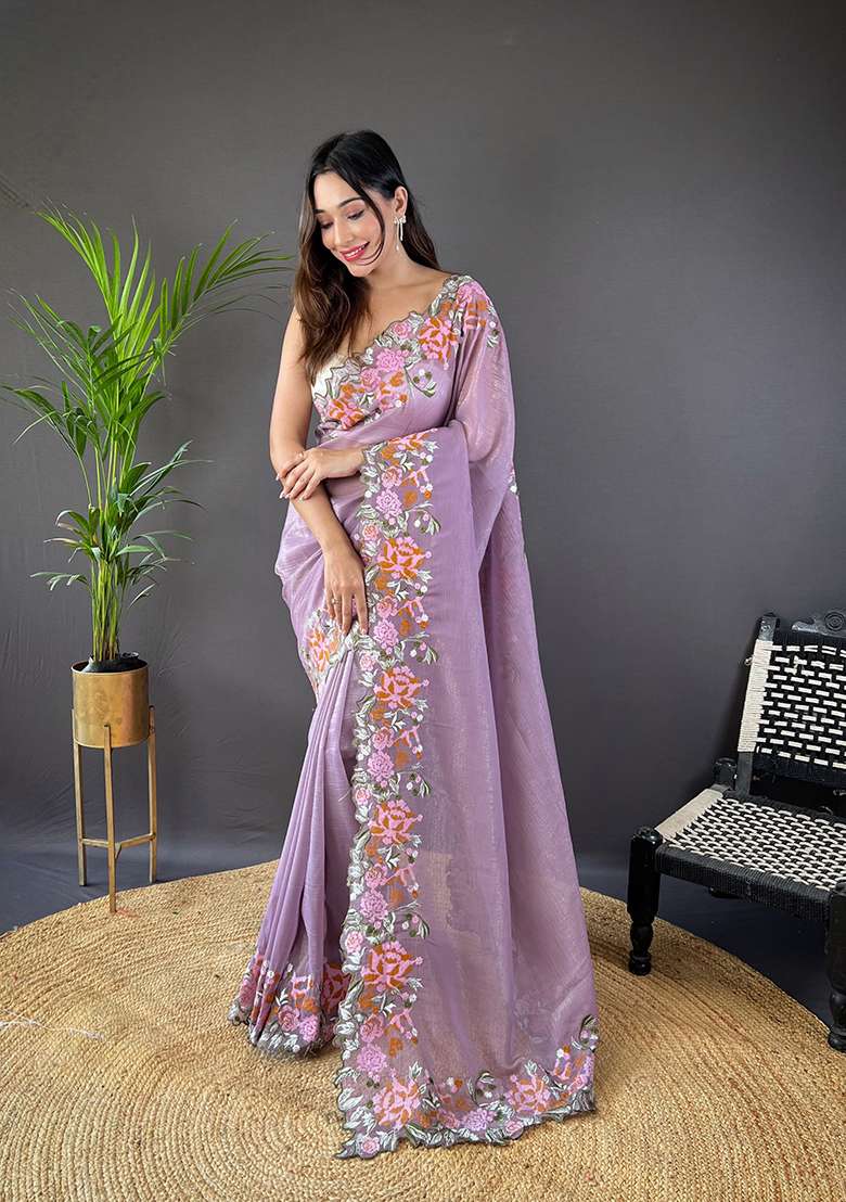 Purple Embroidered Silk Saree Set - Indya