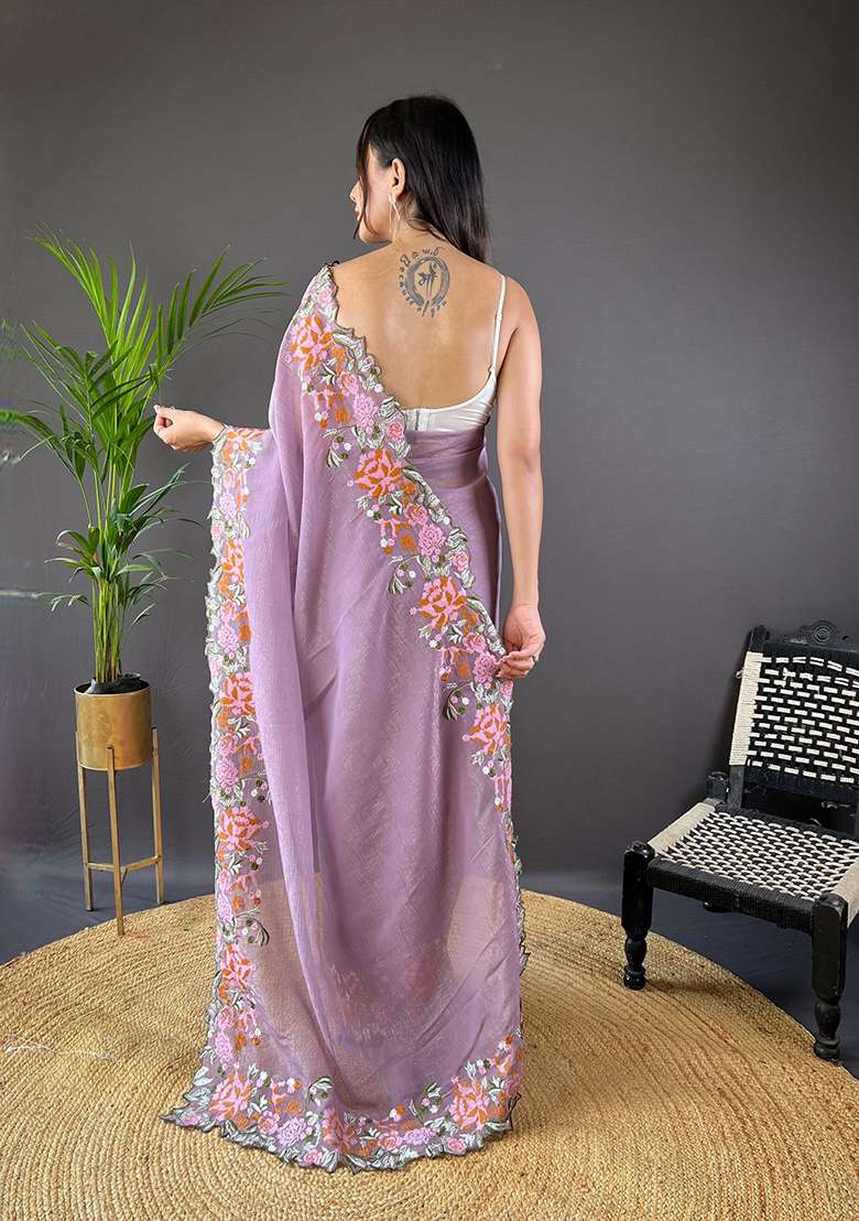 Purple Embroidered Silk Saree Set - Indya