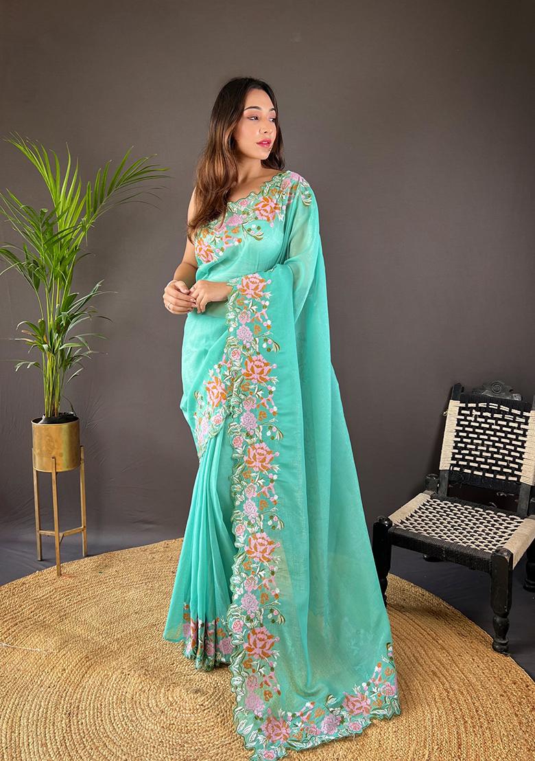 Sea Green Embroidered Silk Saree Set
