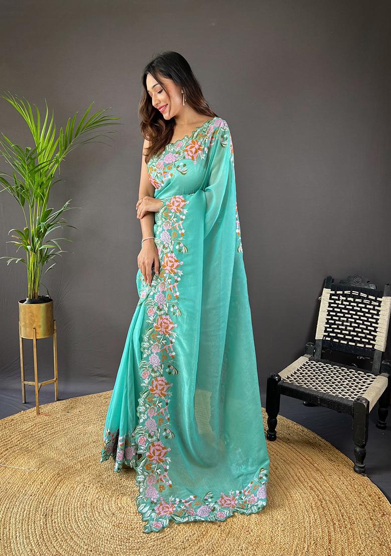 Sea Green Embroidered Silk Saree Set