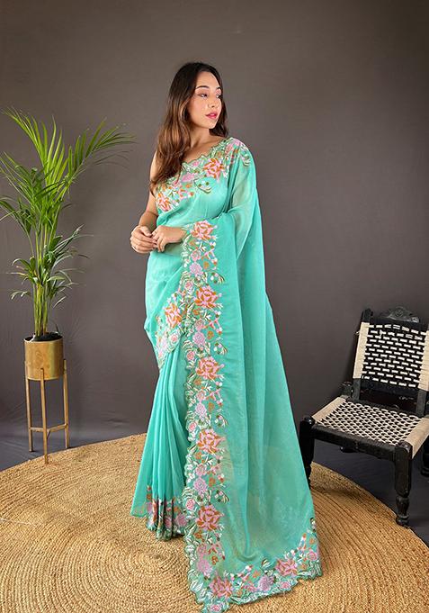 Sea Green Embroidered Silk Saree Set